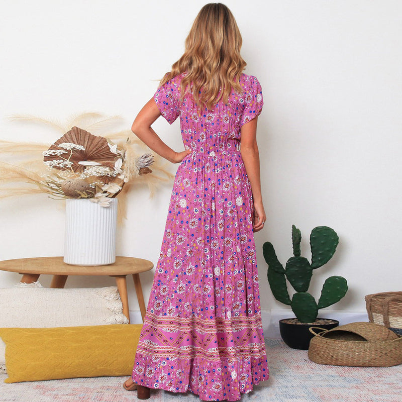 Short Sleeve Floral V Neck Maxi Dress