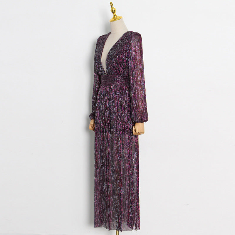 Backless Deep V Neck Long Sleeve Sequins Maxi Dress