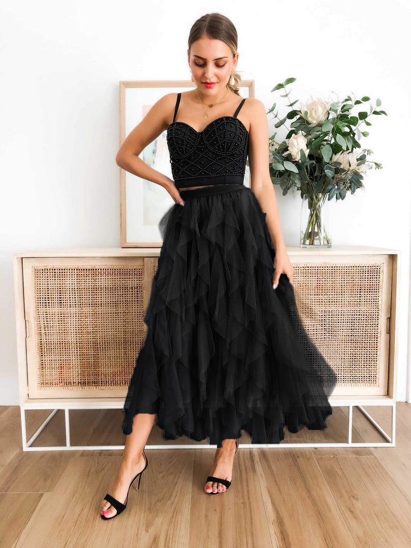 Elastic Waist Tulle Tiered Classic Long Skirt