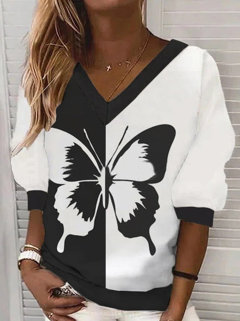 Women's T-Shirts V-Neck Butterfly Print Long Sleeve T-Shirt