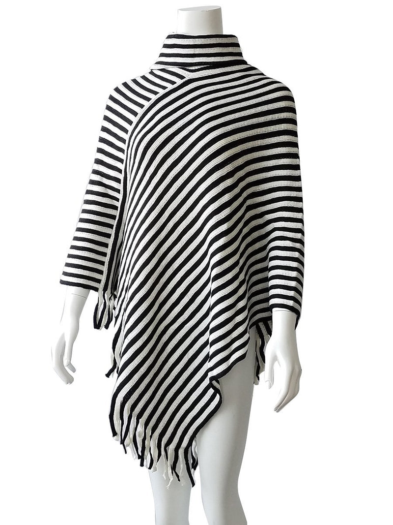 Striped Cape With Turtleneck Knitted Pullover