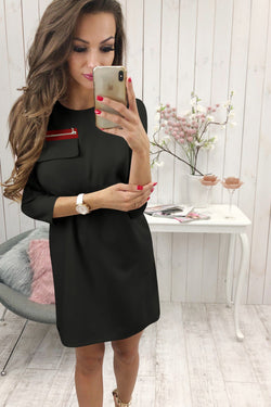 Black 3/4 Length Sleeve Plain Casual Crew Neck Mini Dress - Landing Closet