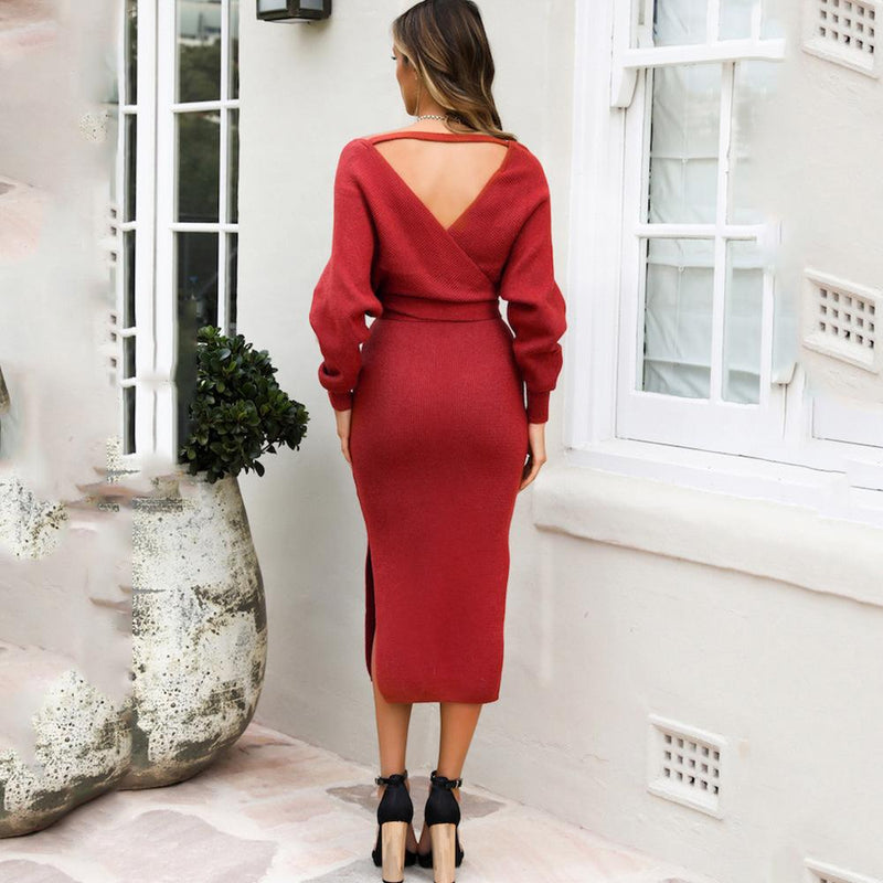 Sexy V Neck Mid-length Sweater Knitted Dress