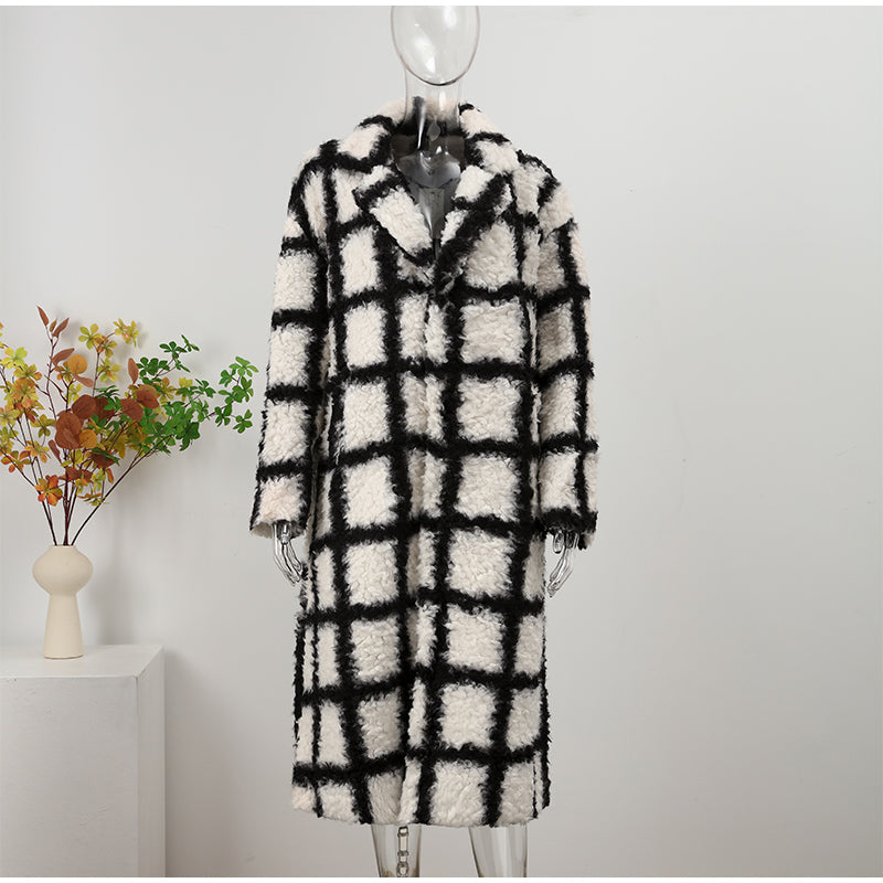 Turn Down Collar Long Sleeve Plaid Long Outerwear