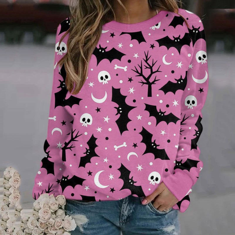 Crew Neck Long Sleeve Skull Print Sweatshirt