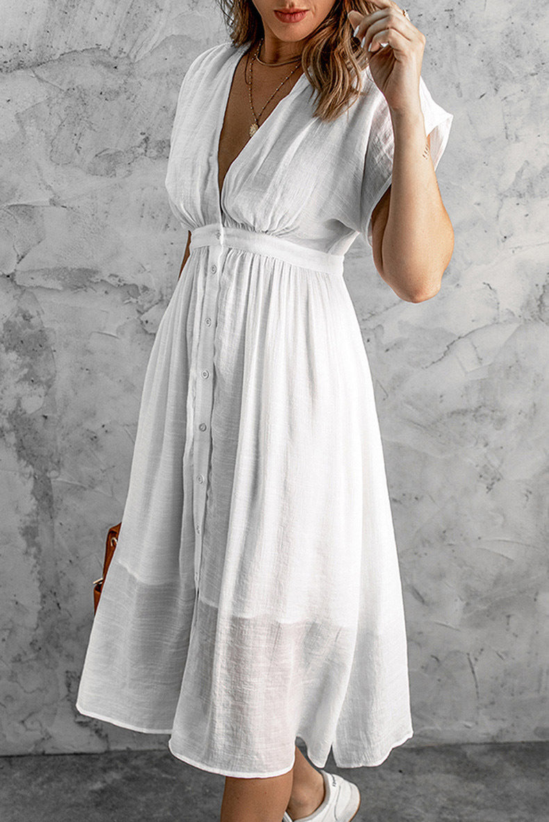 Deep V Neck High Waist Sleeveless Midi Dress