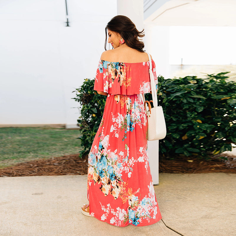 Women Floral Print Off Shoulder Maxi Dresses