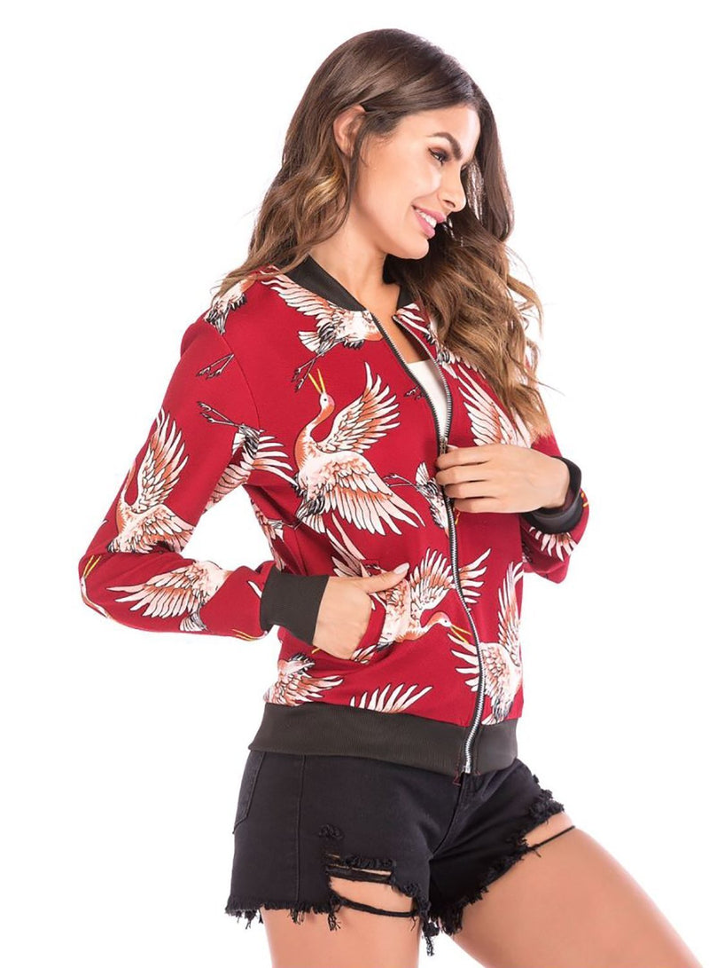 Women Casual Crane Print Fall Baseball Jackect