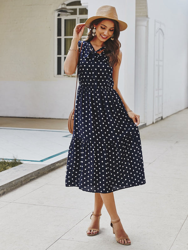 Polka Dot Tie Front V Neck Long Dress