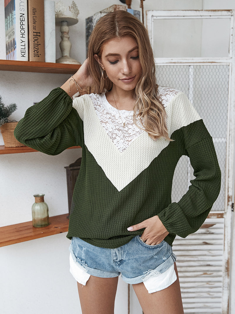 Lace Neck Long Sleeve Pullover