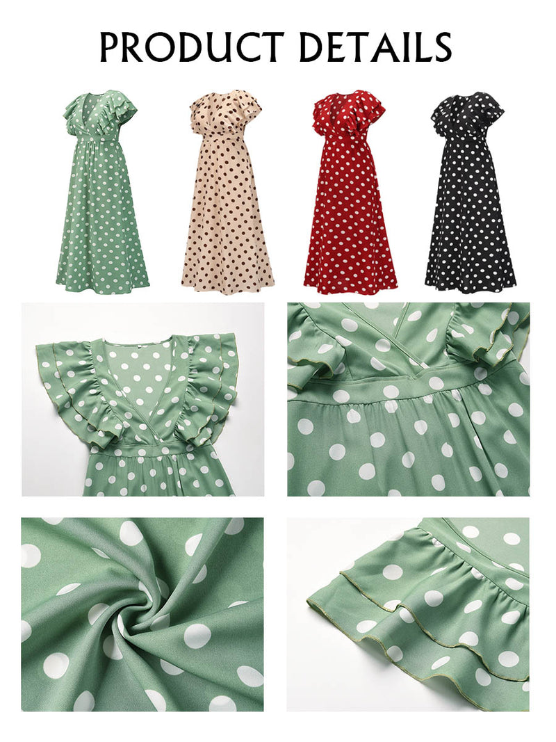 Polka Dot V Neck Cap Sleeve Maxi Dress