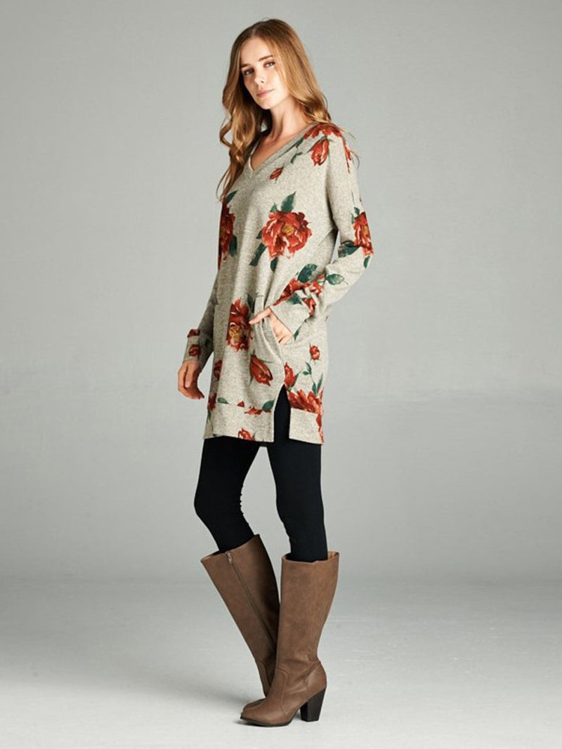 Floral Printed V-neck Long Sleeves Side Slit Pullover Top