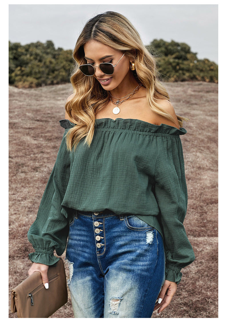 Off Shoulder Long Sleeve Ruffle Hem Crop Blouse Top