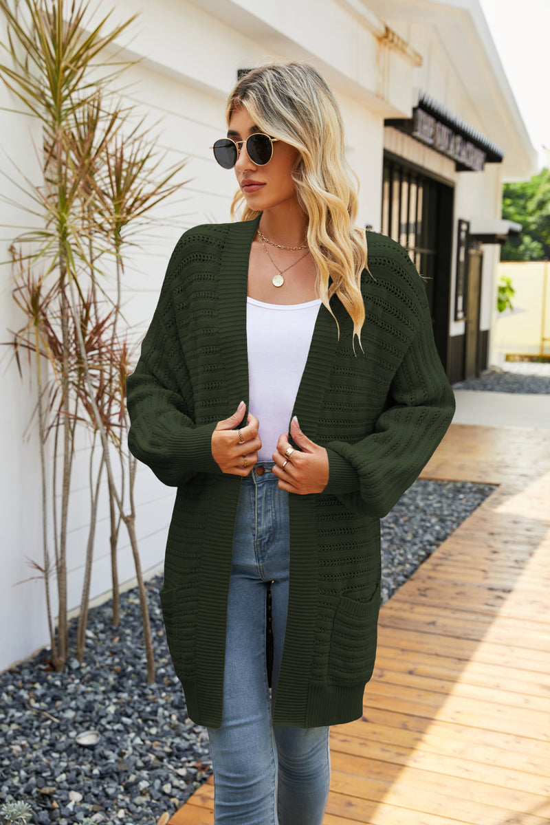 Open Front Pocketed Long Sleeve Knitted Solid Cardigan