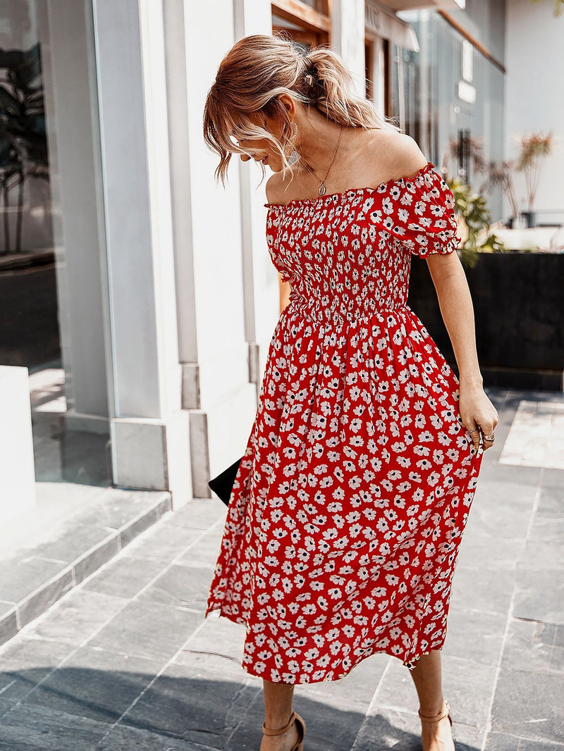 Floral Off Shoulder Split Swing Midi Dress