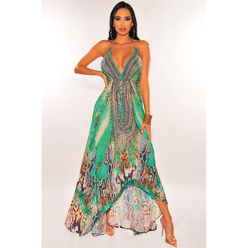 Spaghetti Strap V Neck Floral Chiffon Maxi Dress