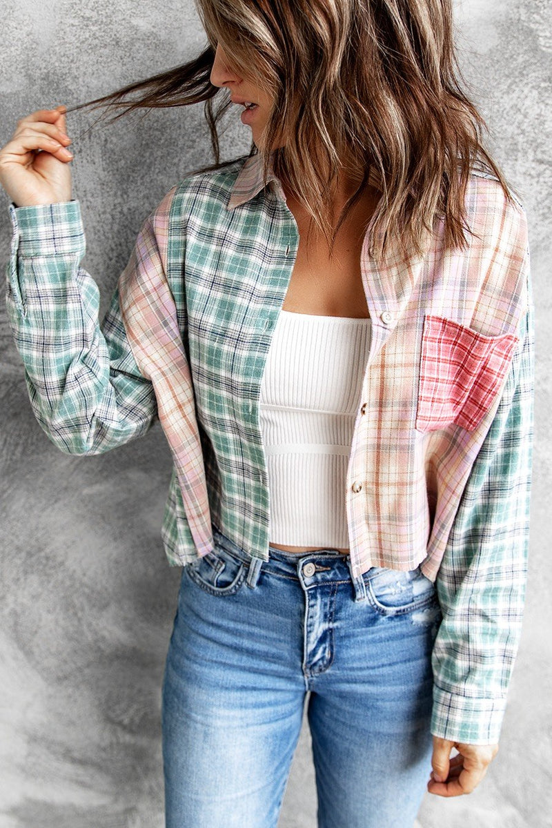 Long Sleeve Button Down Color Block Plaid Top