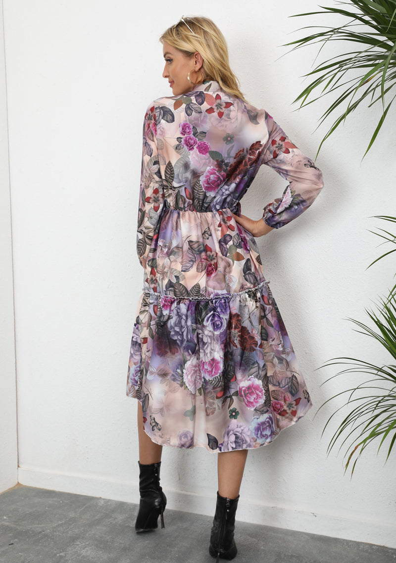 Casual Long Sleeve Floral Midi Dress