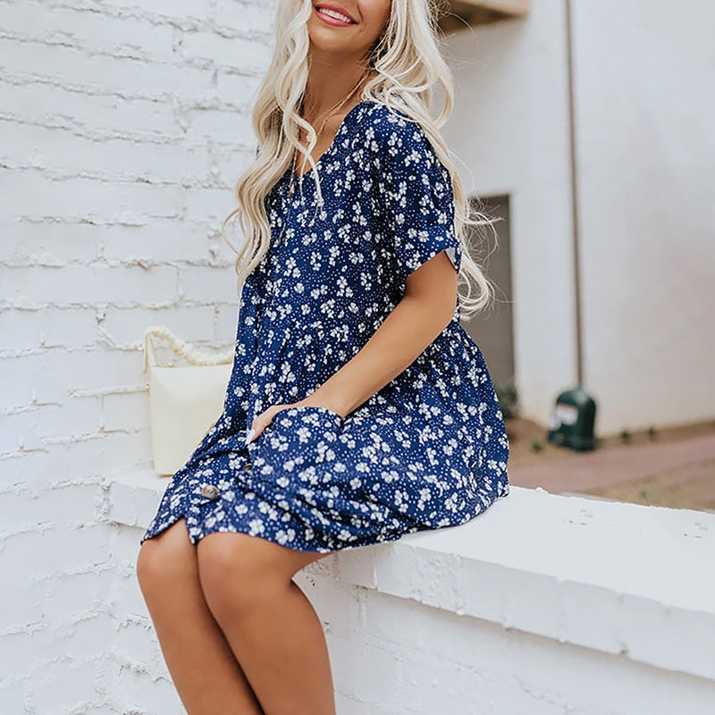 Button Down V Neck Short Sleeve Floral Mini Dress