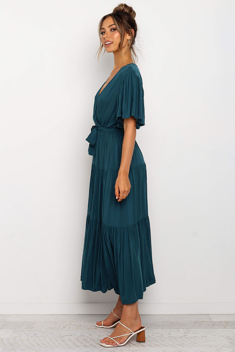 V Neck Tie Waist Short Sleeve Maxi Dress