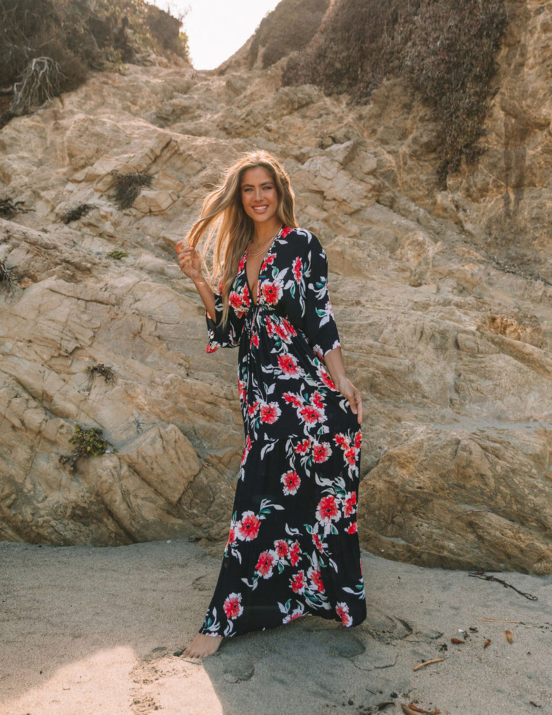 Casual Floral V Neck Long Maxi Dress