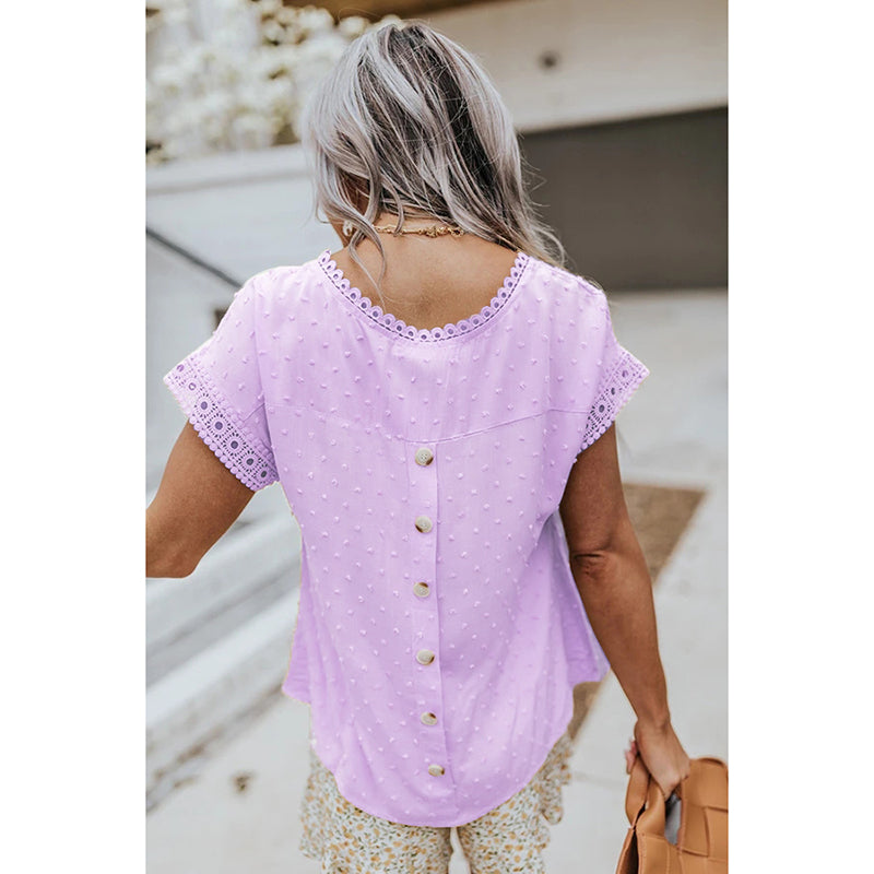 Short Sleeve Lace Crochet Round Neck Swiss Dot Top