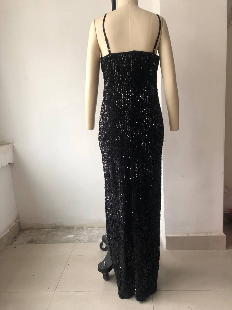 Side Split V Neck Sequin Maxi Dress