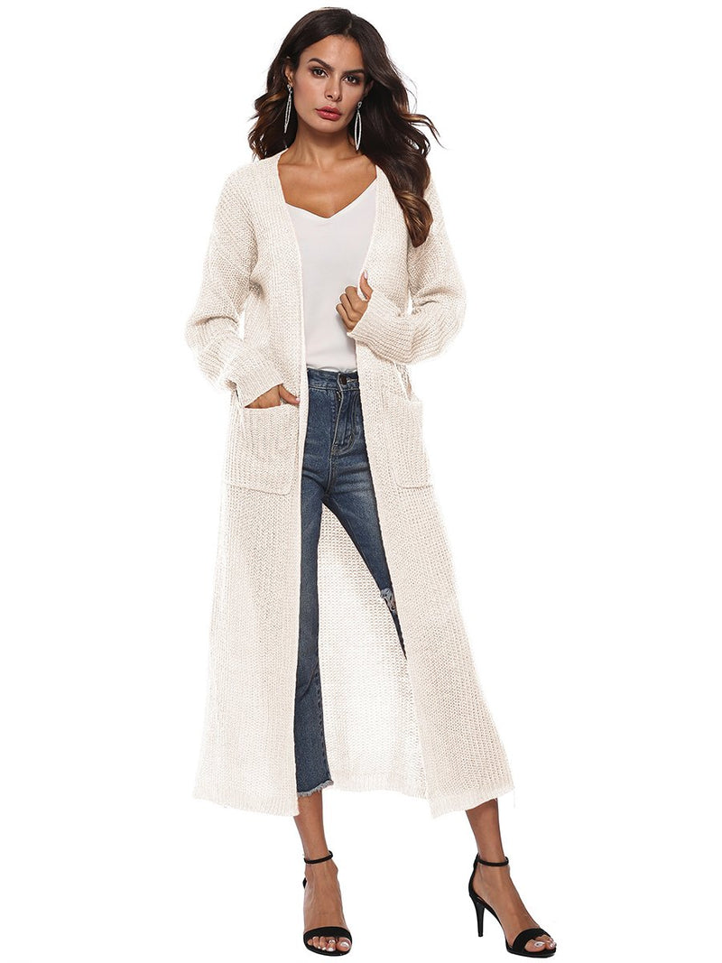 Open Front Long Sleeves Pocketed Knitted Cardigan Coat