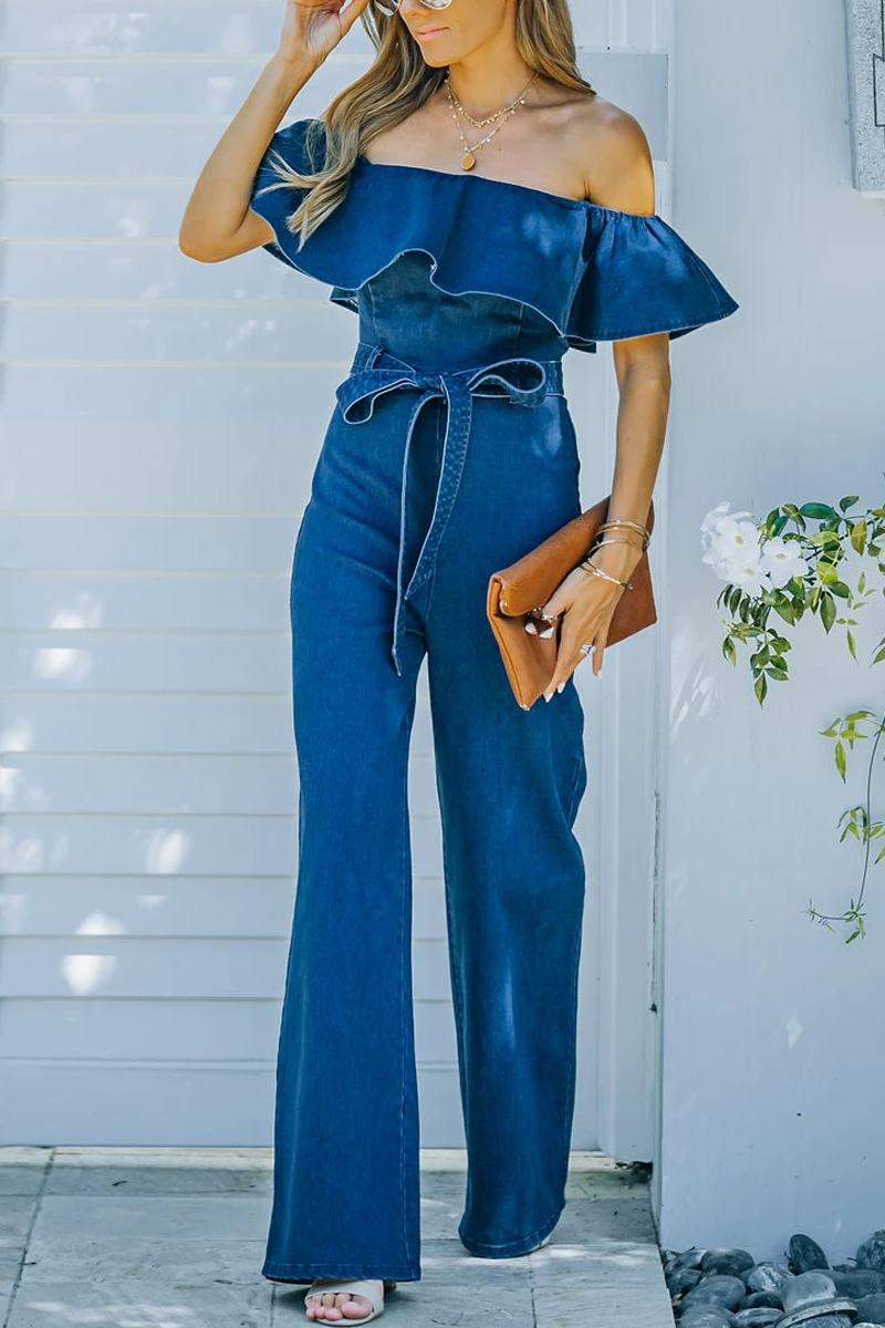 Off The Shoulder Denim Jumpsuit(PreSale)