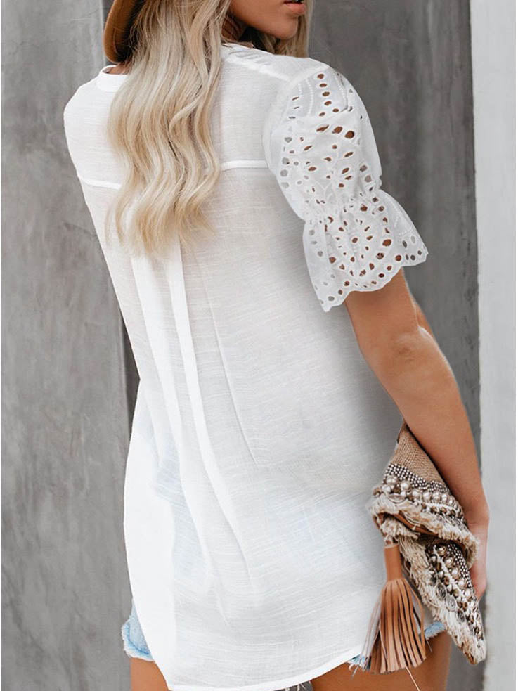 Casual V Neck Short Lace Sleeve Top