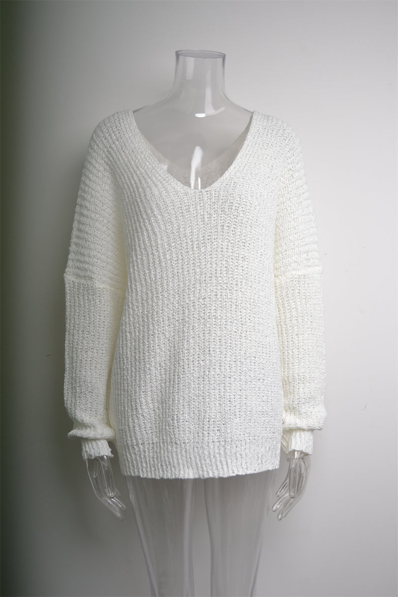 Solid Color V Neck Pullover Sweater