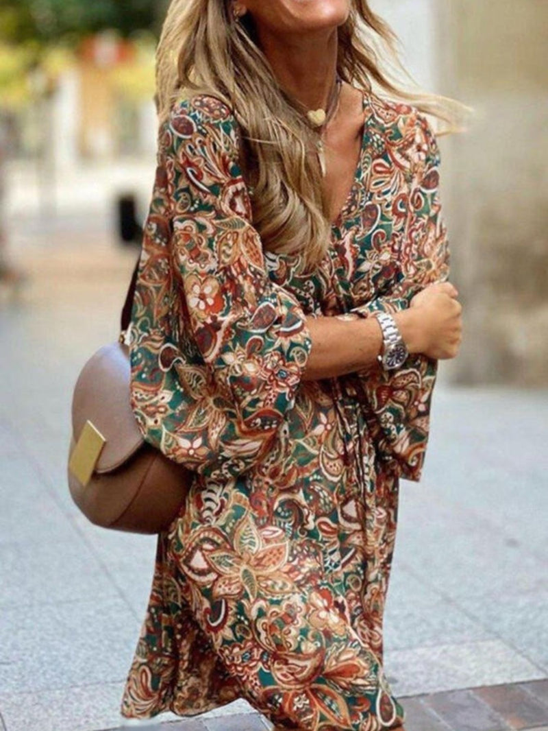 Drawstring V-Neck Short Floral Print Short Sleeve Mini Dress