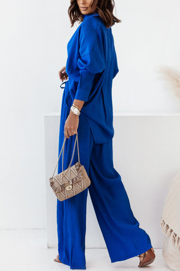 Michelle Cotton Blend Loose Solid Color Shirt Pants Suit