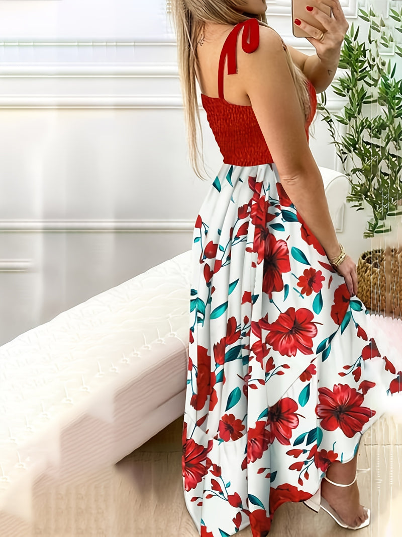 Floral Print Asymmetrical Color Block Spaghetti Strap Maxi Dress