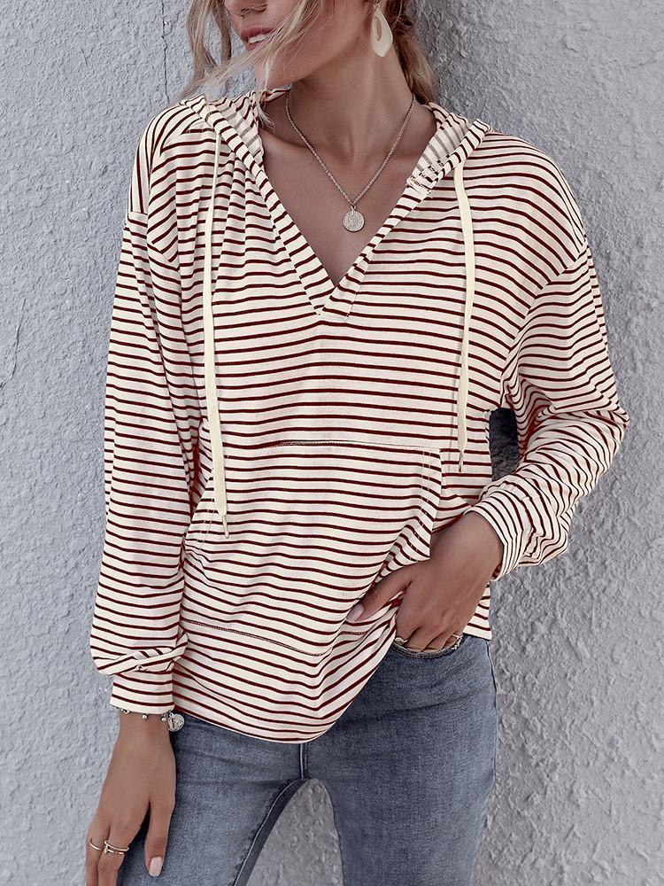 Striped Pocket Drawstring Loose Hoodie