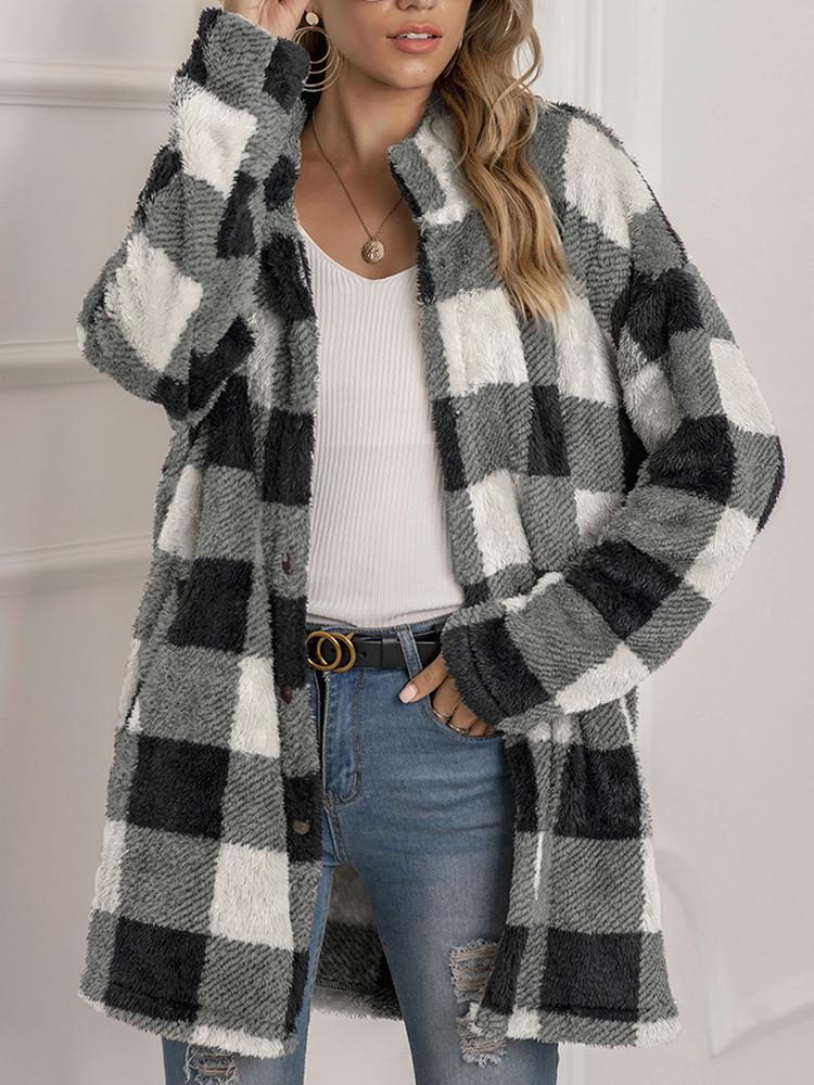 Plush Plaid Lapel Button Loose Coat