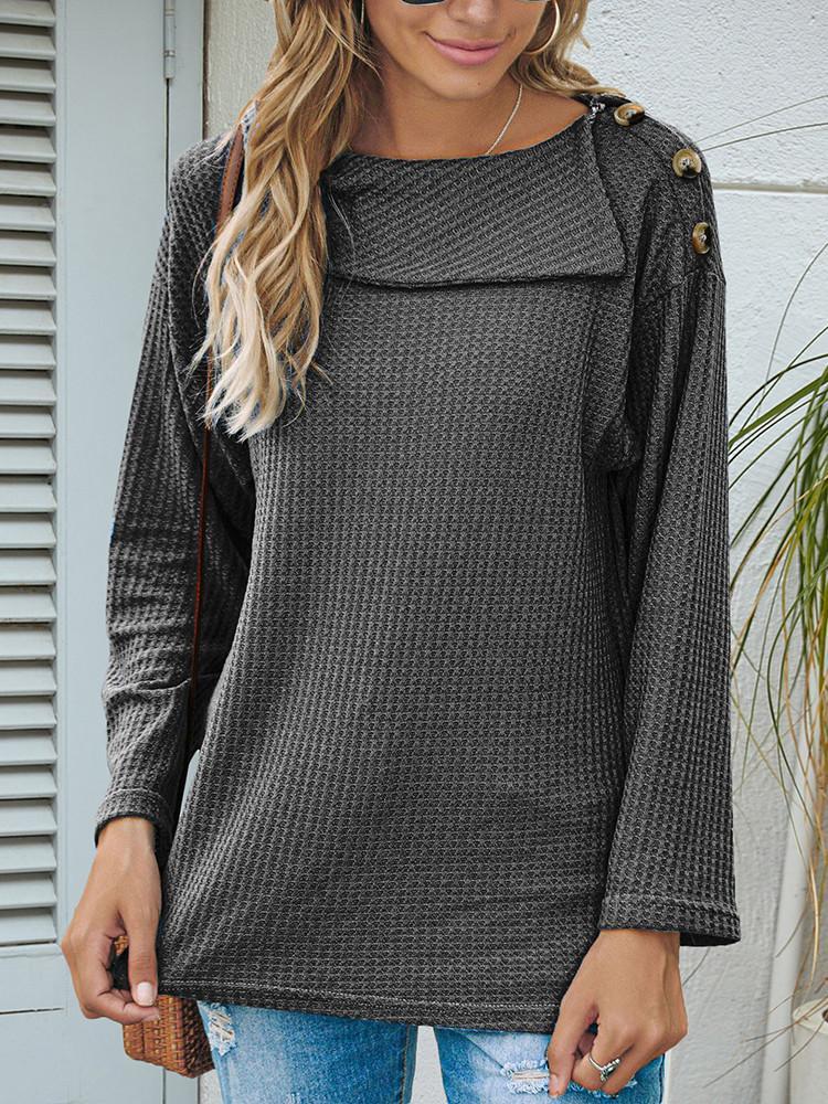 Lapel Shoulder Button Solid Long-sleeve T-shirt