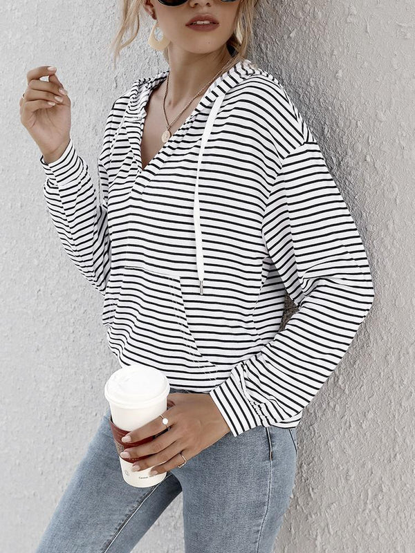 Striped Pocket Drawstring Loose Hoodie