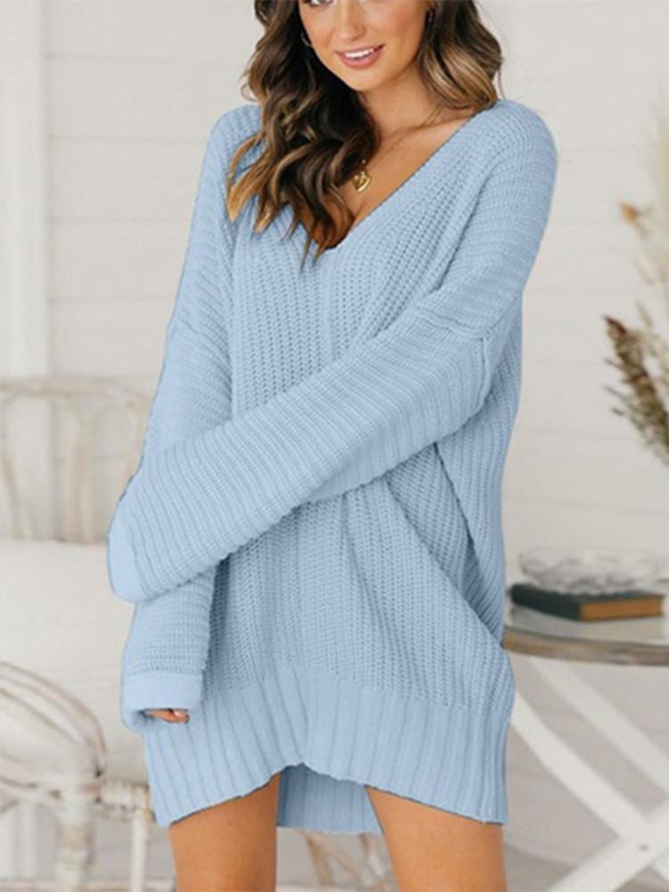 Loose V-neck Solid Dress Sweater