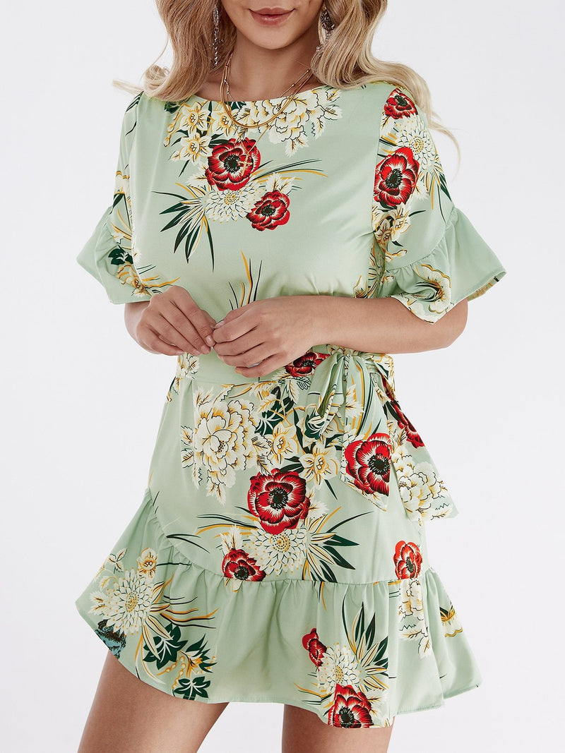 Green Random Floral Print Mini Dress With Half Flared Sleeves - Landing Closet