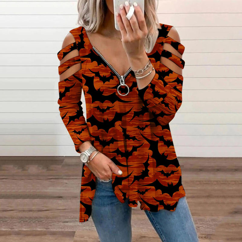 Halloween Print Cold Shoulder Blouse