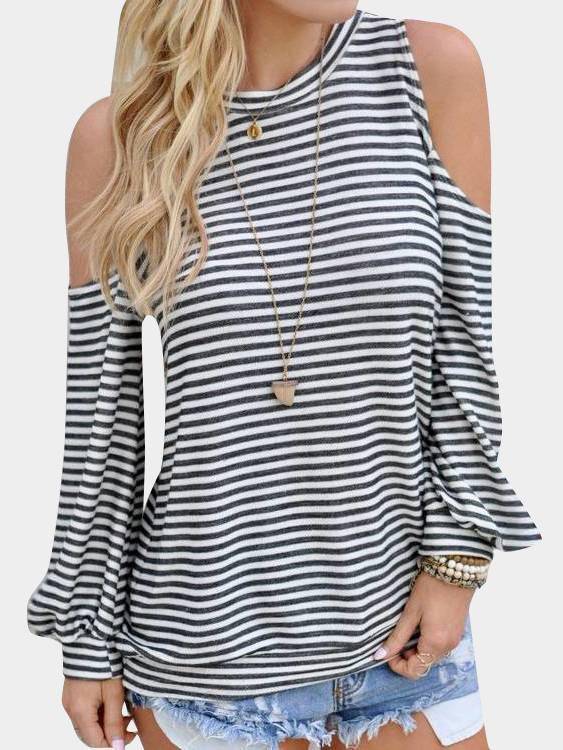 Stripe Cold Shoulder Long Sleeves T-shirt