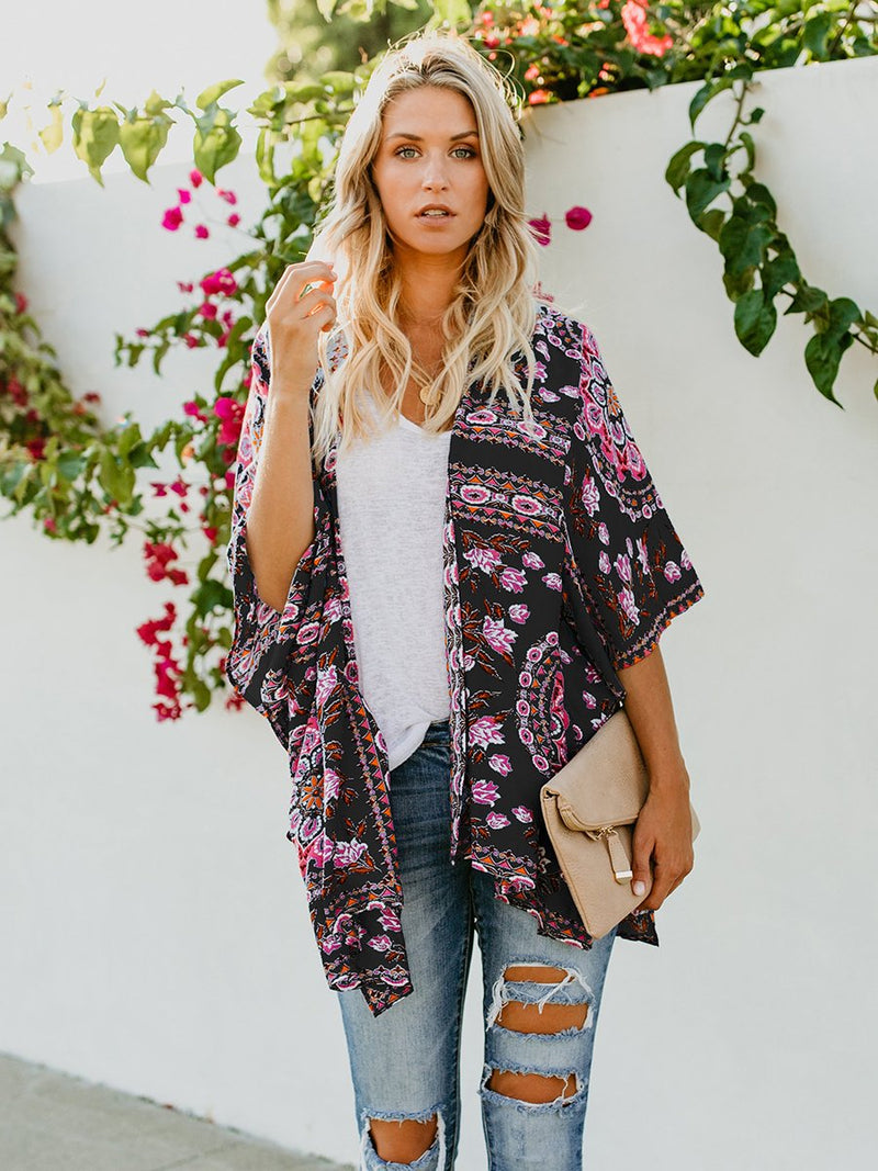 Floral Print Front Open Short Sleeve Cardigan - Landing Closet