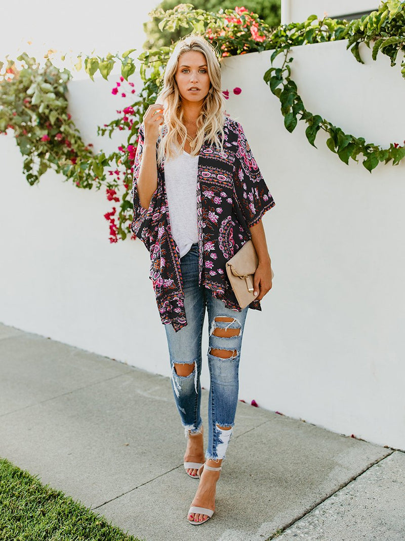 Floral Print Front Open Short Sleeve Cardigan - Landing Closet