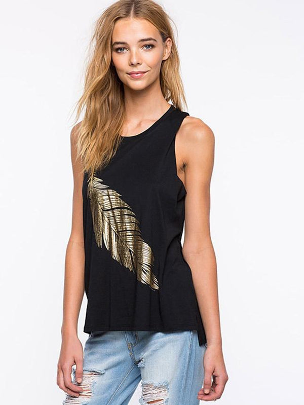 Round Neck Sleeveless Leaf Printed Tank Top