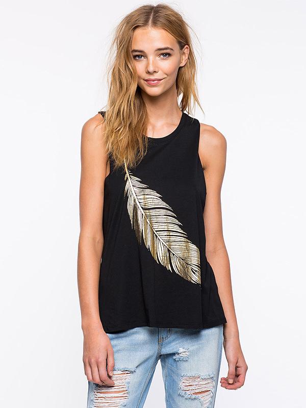 Round Neck Sleeveless Leaf Printed Tank Top