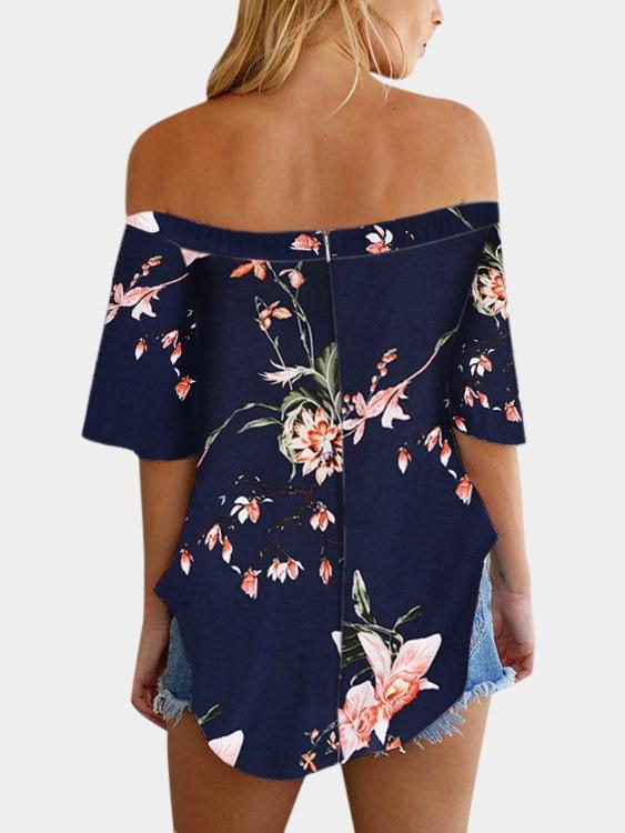 Floral Off Shoulder Blouse Irregular Hem - Landing Closet