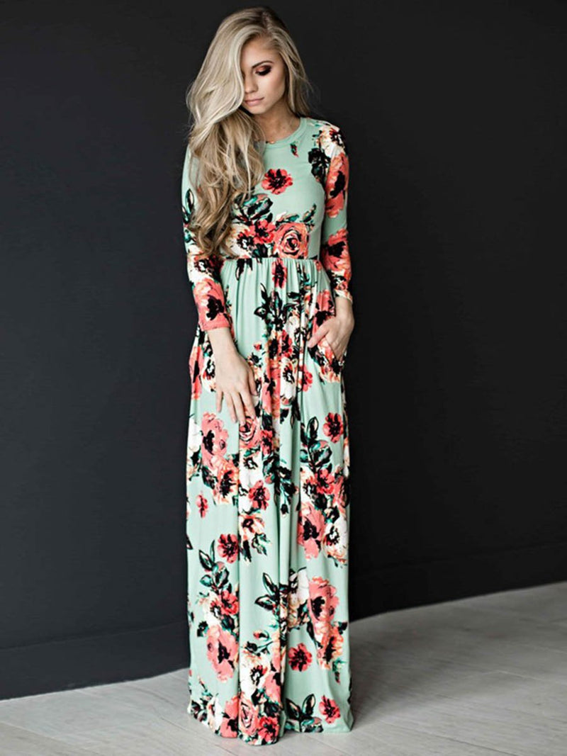 Long Sleeve Floral Print Belt Maxi Dress