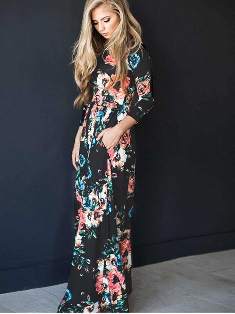 Long Sleeve Floral Print Belt Maxi Dress