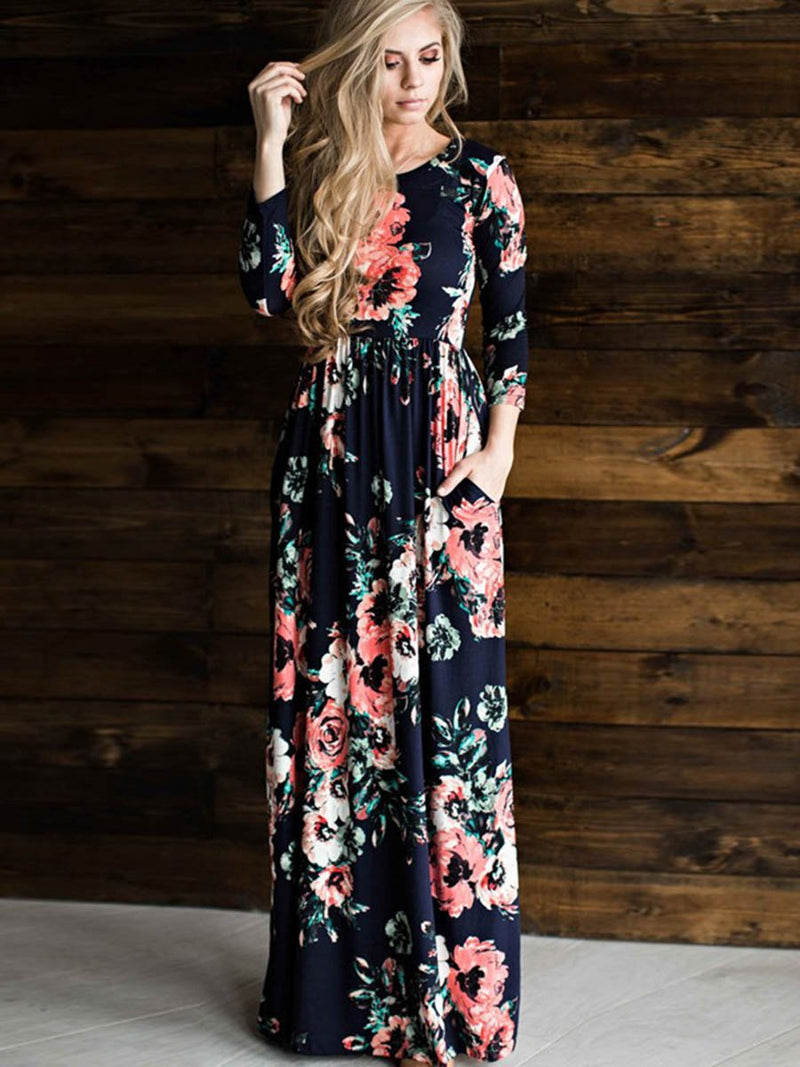 Long Sleeve Floral Print Belt Maxi Dress